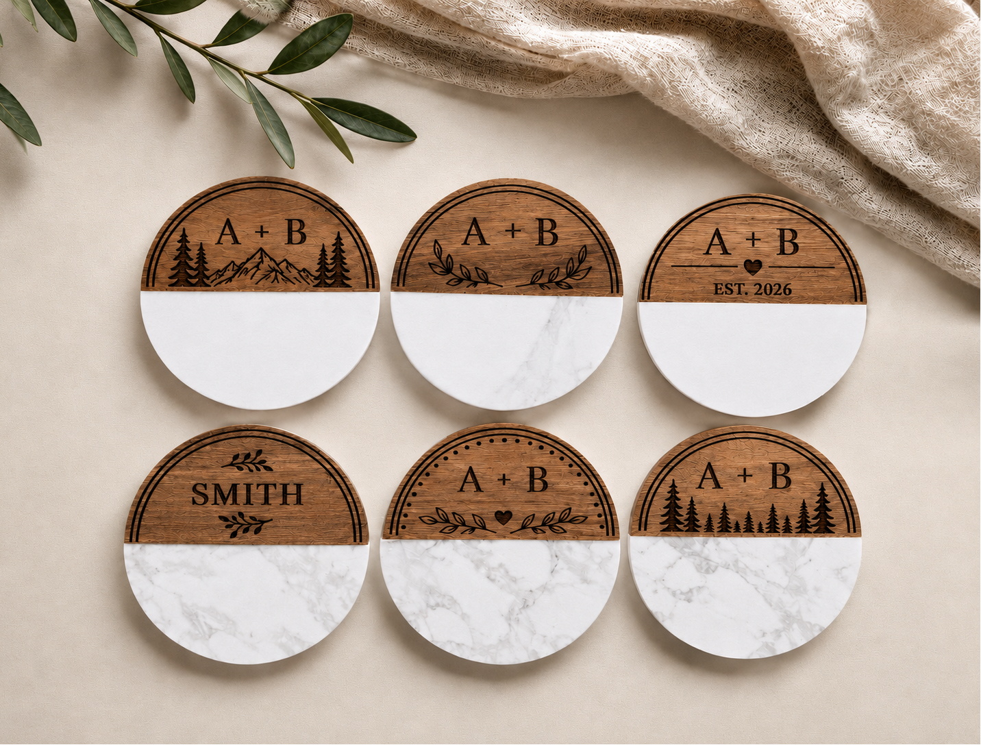 Custom Wood + Marble  Coaster Sets